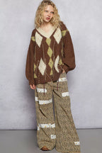 POL Sweater V-Neck Mocha Argyle Pattern Mohair with Contrast Exposed Stitch b7718e72-234e-4424-aead-321dac8f2d2f-Max-Origin Trendsi