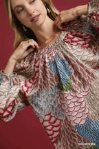 Umgee Women's Blouse Boho Feather Print Brown Mix Peasant Long Sleeve Top b7765c54-4c6f-42ae-920e-09259aa5c6c2-Max-Origin Trendsi