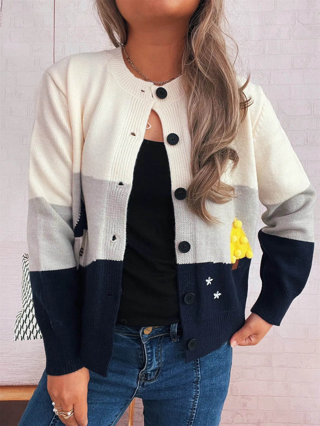 Women's Cardigan Color Block Stripe Button-Up Knit Round Neck Sweater b77f0472b9cc455d9fcb859f5cd3bf08-Max-Origin Trendsi