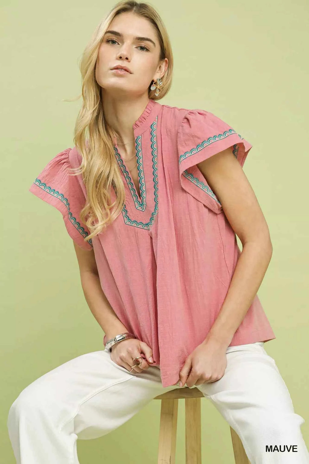 Umgee Embroidered Flutter Sleeve Blouse