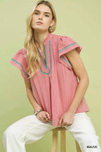 Umgee Embroidered Flutter Sleeve Blouse