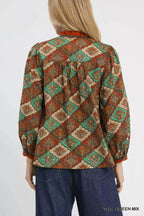 Umgee Women's Top Teal Mix Green Abstract Print Ruffle Neck Blouse b78958b5-3f48-4a45-834f-961e5669640e-Max-Origin Trendsi