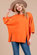 Ces Femme Sweatshirt Orange Side Slit Drop Shoulder Puff Sleeve Orange b789641f-0c9a-4c35-8189-7b196916ff3c-Min Trendsi