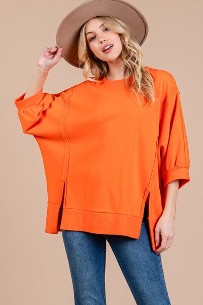 Ces Femme Sweatshirt Orange Side Slit Drop Shoulder Puff Sleeve Orange