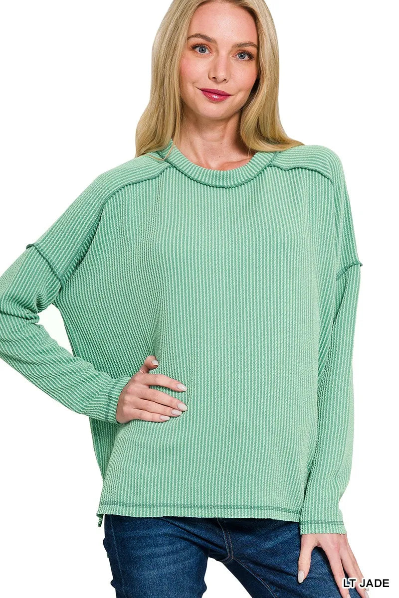 Zenana Corded Rib Knit Top Light Jade Exposed Seam Long Sleeve Oversized LT JADE b78dfd6a05f446609edf3af5d9e5ef43-Max-Origin Trendsi