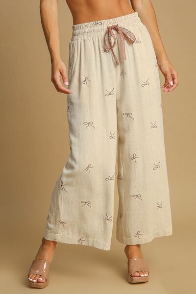Umgee Linen Blend Pants Bow Embroidered Plus Size Lace Drawstring Wide Leg OATMEAL b7930972-7de6-4b46-b532-cd9907421a7c-Min Trendsi