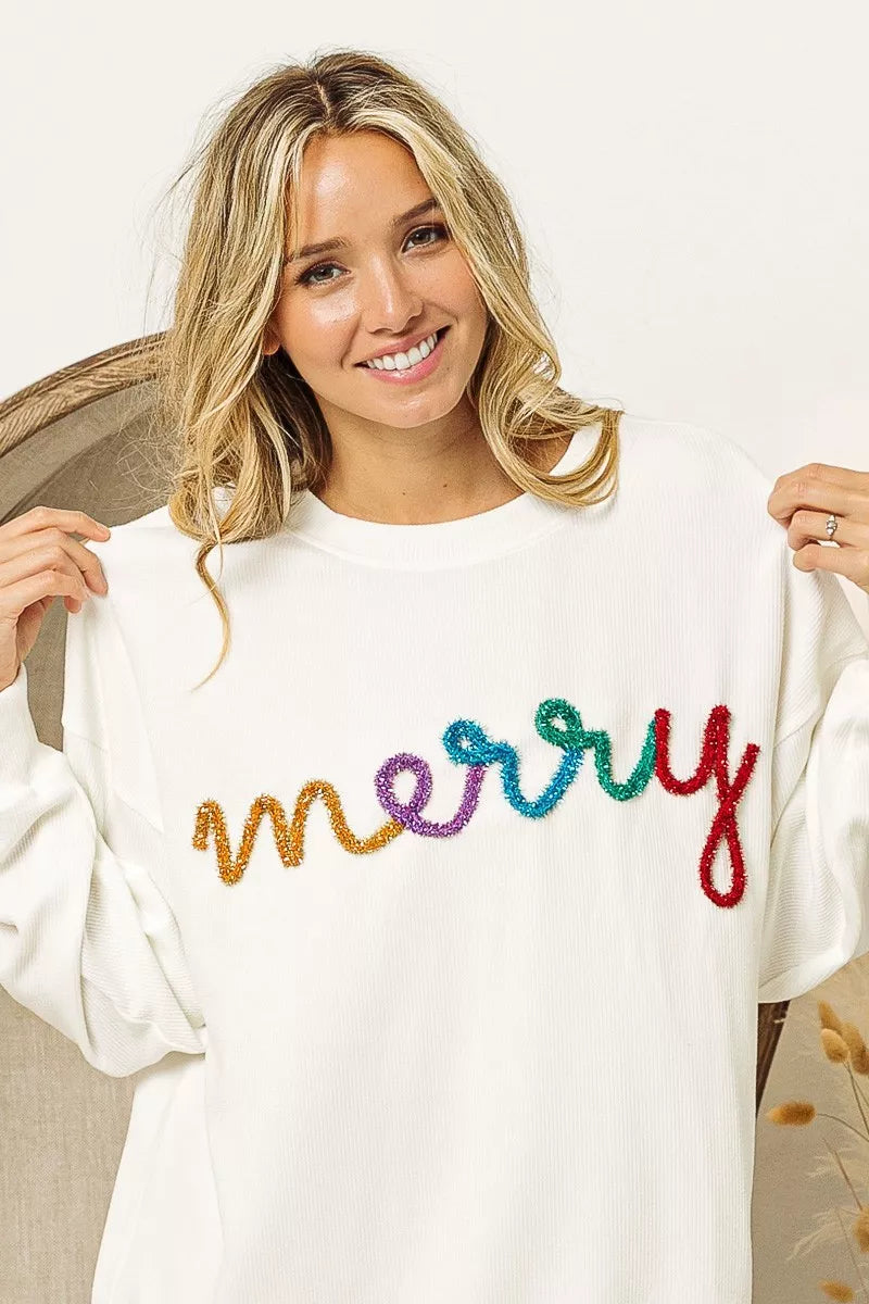 BiBi Sweatshirt White Merry Tinsel Lettering Drop Shoulder Pullover b79e8b740ab34ccf95802369e941eded-Max-Origin Trendsi