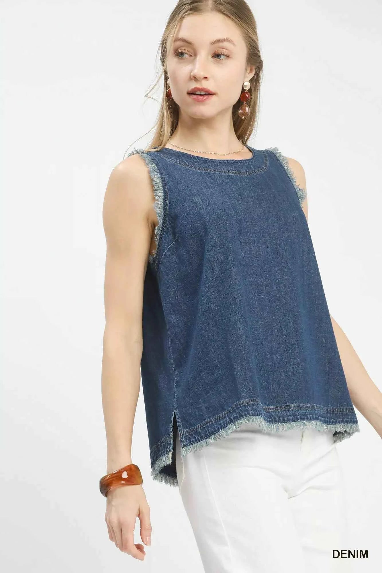 Umgee Denim Top Blue Sleeveless Fringe Hem Blouse b7aac6ad-5fd9-434f-a4ab-4b5f2f798dc7-Max-Origin Trendsi
