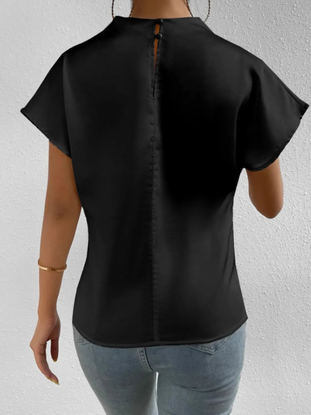 Satin Blouse Mock Neck Pleated Short Sleeve Basic Style Top b7adc20c-755b-4fba-92d3-04d99784a9f9-Max-Origin Trendsi