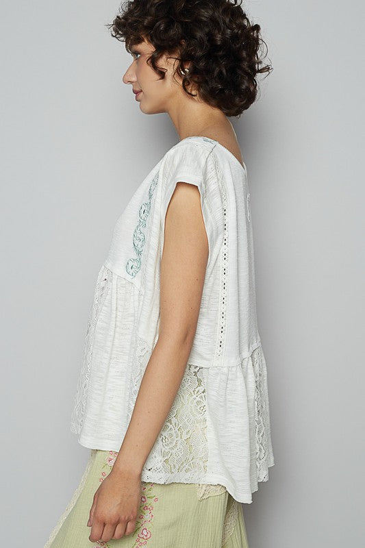 POL White Blouse Embroidered Detail Boat Neck Cap Short Sleeve Lace b7c06b70-b92a-44e4-8433-819534cd337a-Max Trendsi