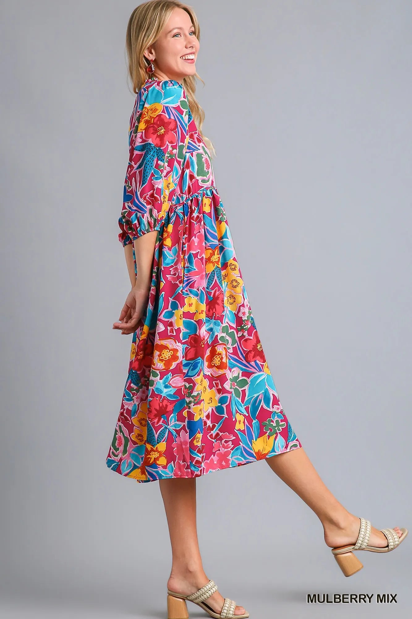 Umgee Midi Dress Floral Mulberry Mix Print Tie Neck with Pockets 3/4 Sleeve b7c14eaf-7743-48fb-a72b-5a0b9ea393a3-Max-Origin Trendsi