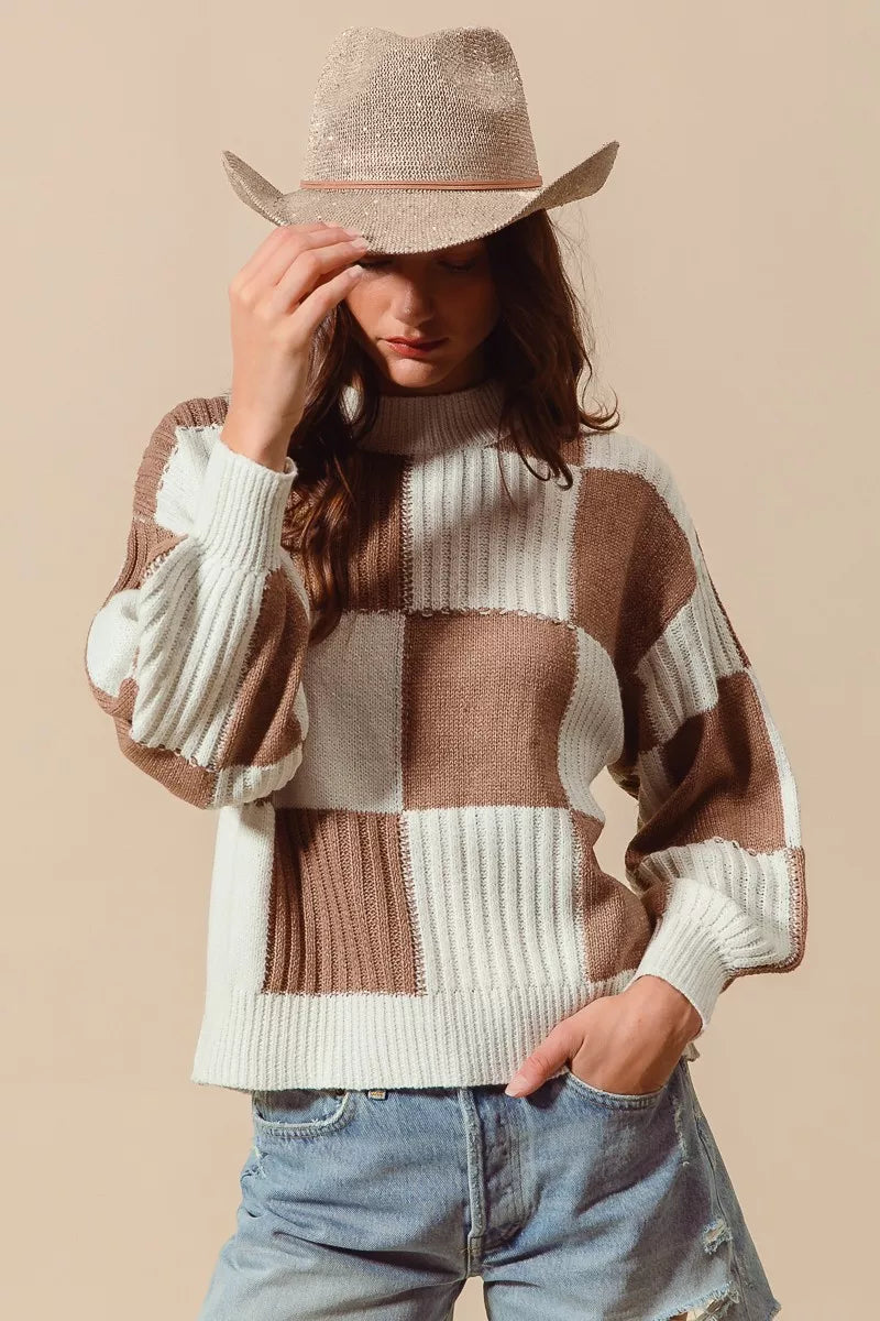 SO ME Ribbed Color Block Checkered Plaid Sweater b7c2b1e1d5b442ac819cf02136cb4d12-Max-Origin Trendsi