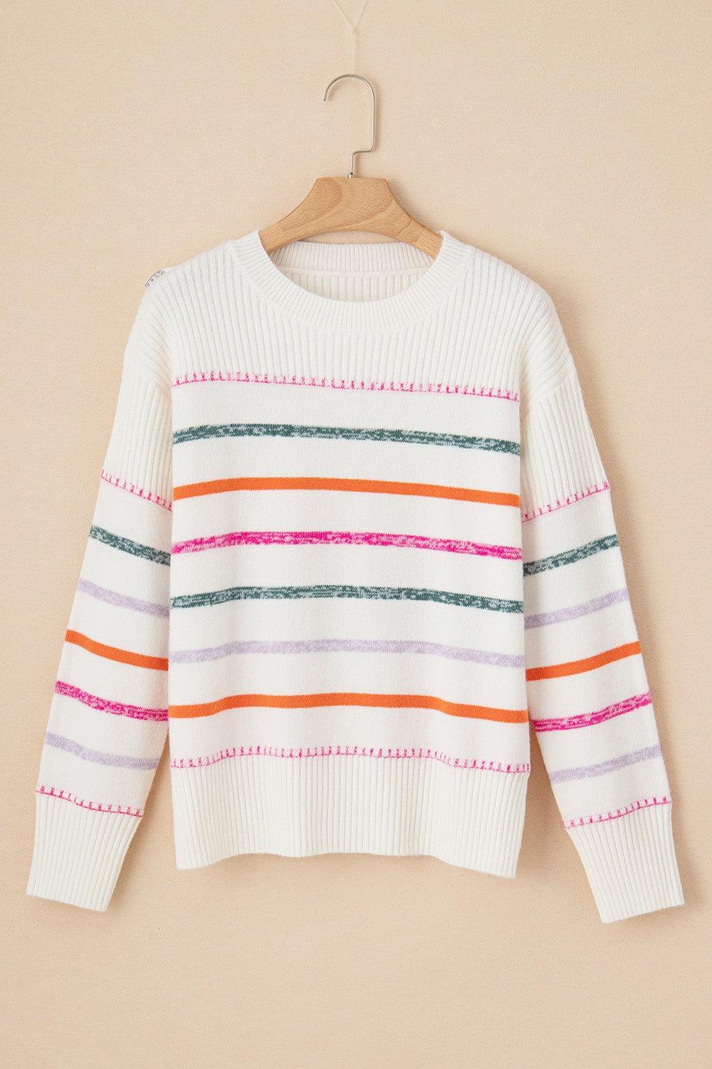 Striped Sweater Colorful Round Neck Dropped Shoulder b7c3d515-83f1-49c0-ade5-eae4116f63d9-Max Trendsi
