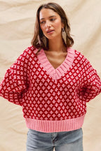 SO ME Christmas Women's Sweater Red Pink Color Block Textured V Neck Top b7c84f9445cd4e319e14e9b52f4de2b9-Max-Origin Trendsi