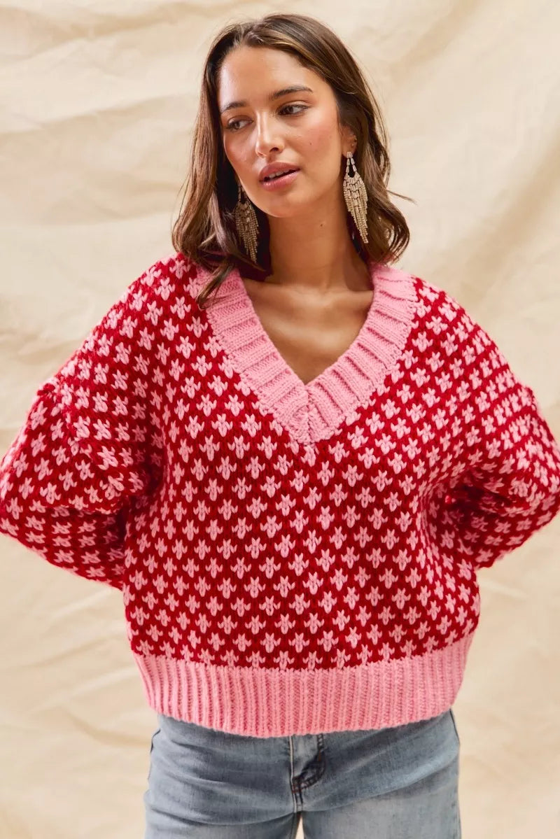 SO ME Christmas Women's Sweater Red Pink Color Block Textured V Neck Top b7c84f9445cd4e319e14e9b52f4de2b9-Max-Origin Trendsi