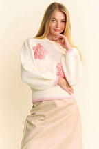 Women Sweater Davi & Dani Flower Patch Fuzzy Mock Neck Ivory Knitwear Ivory b7c87549-b641-4480-915c-f2f7a48f5b40-Max Trendsi