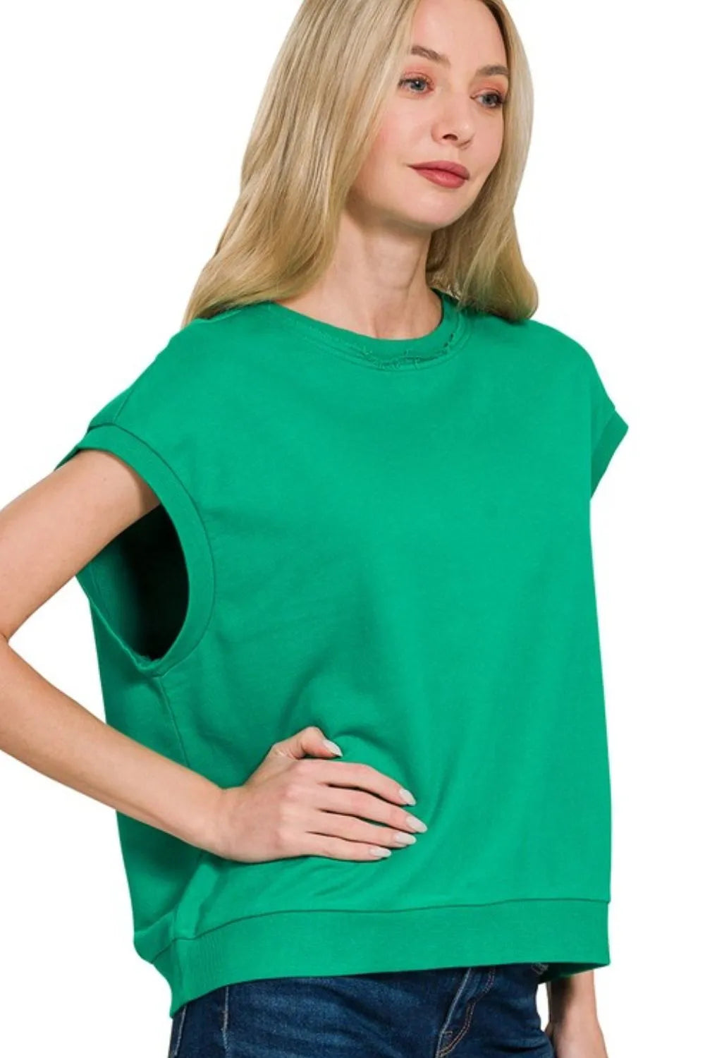 Zenana T-Shirt Green French Terry Round Neck Cap Short Sleeve Top K GREEN b7cdec6b-d629-4dbc-9a66-979600b7fdb0-Max-Origin Trendsi