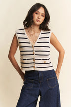 Close-up of V-neckline, textured open-weave fabric, gold button placket, and pocket details on striped vest