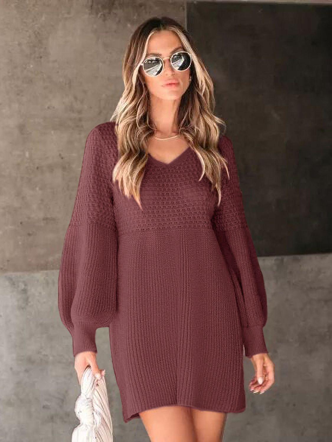 Sweater Mini Dress Perfee V-Neck Knit Long Balloon Sleeve Burgundy b7e22a0c-4bd6-4abc-9873-21b736b33683-Max Trendsi