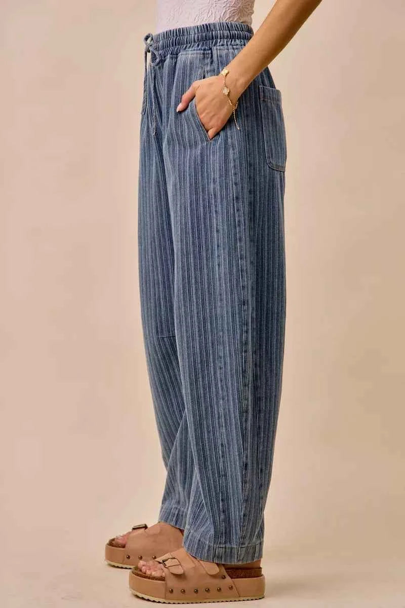SO ME Stripe Denim Barrel Jeans Drawstring Waistband