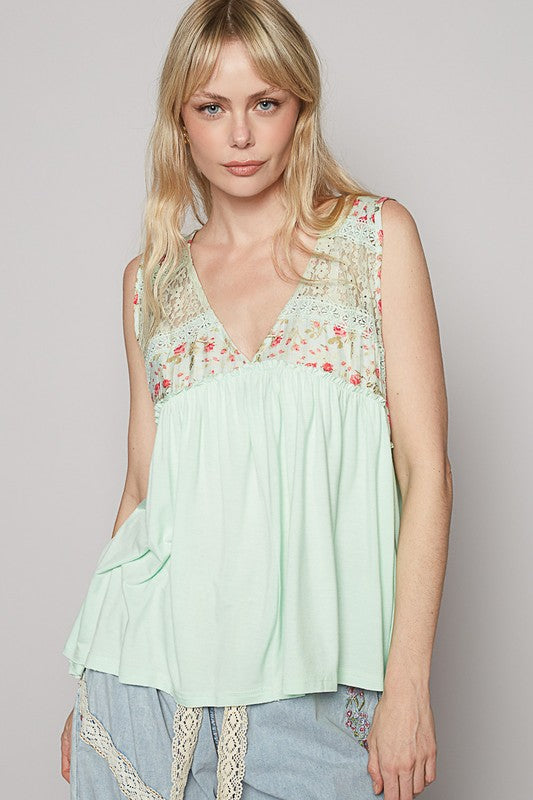 POL Top V-Neck Sleeveless Lace Detail Frill Floral Ruffle Blouse Lime Cream b7f2fbda-43e1-4a2b-bfa2-efea0e6261d6-Max Trendsi