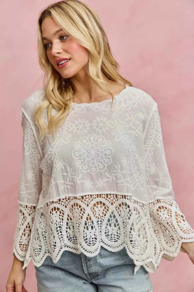 SO ME Floral Embroidered Crochet Lace Trimmed Top
