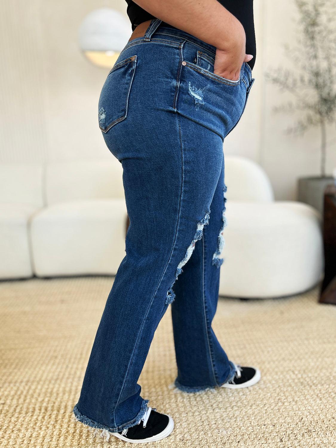 Denim Pants Judy Blue Plus Size Mid Rise Distressed Raw Hem Jeans b802d080-df0e-489c-9307-1b444c776857-Max Trendsi