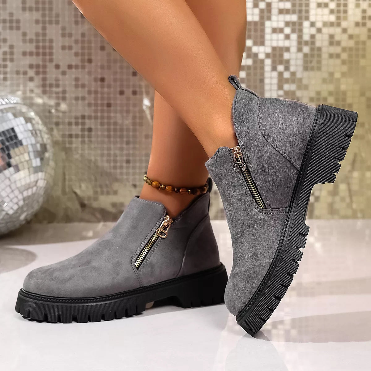 Women's Ankle Boots Faux Suede Round Toe Side Zip Mid Heels Shoes b805ea35b9904f30aeff9f4c922e17c3-Max-Origin Trendsi