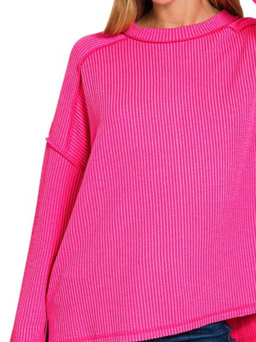 Zenana Corded Rib Knit Top Hot Pink Exposed Seam Long Sleeve Oversized