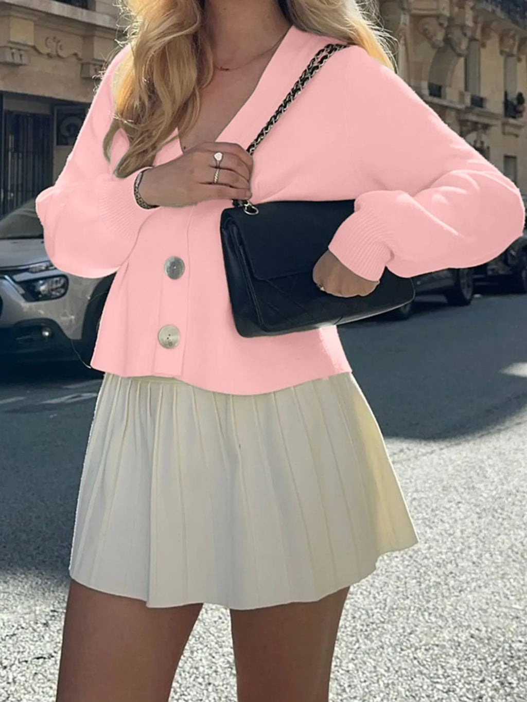 Women's Cardigan Knit Ruffled V-Neck Button-Up Long Sleeve b810b1fd-1da1-482e-9054-0535015e8c74-Max-Origin Trendsi