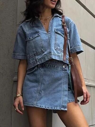 Women's Denim Set Crop Top Johnny Collar Short Sleeve and Mini Skort 2 Pcs b81abfdd-04c8-4319-9069-ee0e4450f367-Min Trendsi