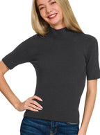 Zenana Ribbed Viscose Blend Short Sleeve Mock Neck Sweater Top