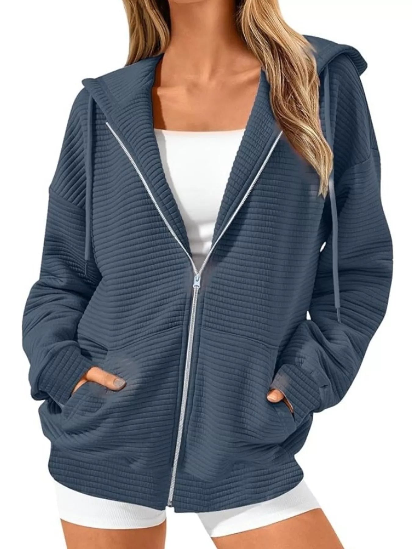 Women's Hoodie Zip Up Drawstring Hood Dropped Shoulder Long Sleeve Sea Blue b82713f9dd09421f8c5d6fff3bdbc493-Max-Origin Trendsi