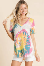 BiBi Circular Tie Dye Print Womens Blouse V Neck Top Short Sleeves YELLOW ORANGE b828213ad5094cb6ac83a20b141e4868-Max-Origin Trendsi