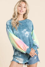 BiBi Tie Dye Womens Blouse Blue Mix French Terry Top With Contrast Tie Dye b83f1459b40747e6b096a1e45aa8dc53-Max-Origin Trendsi