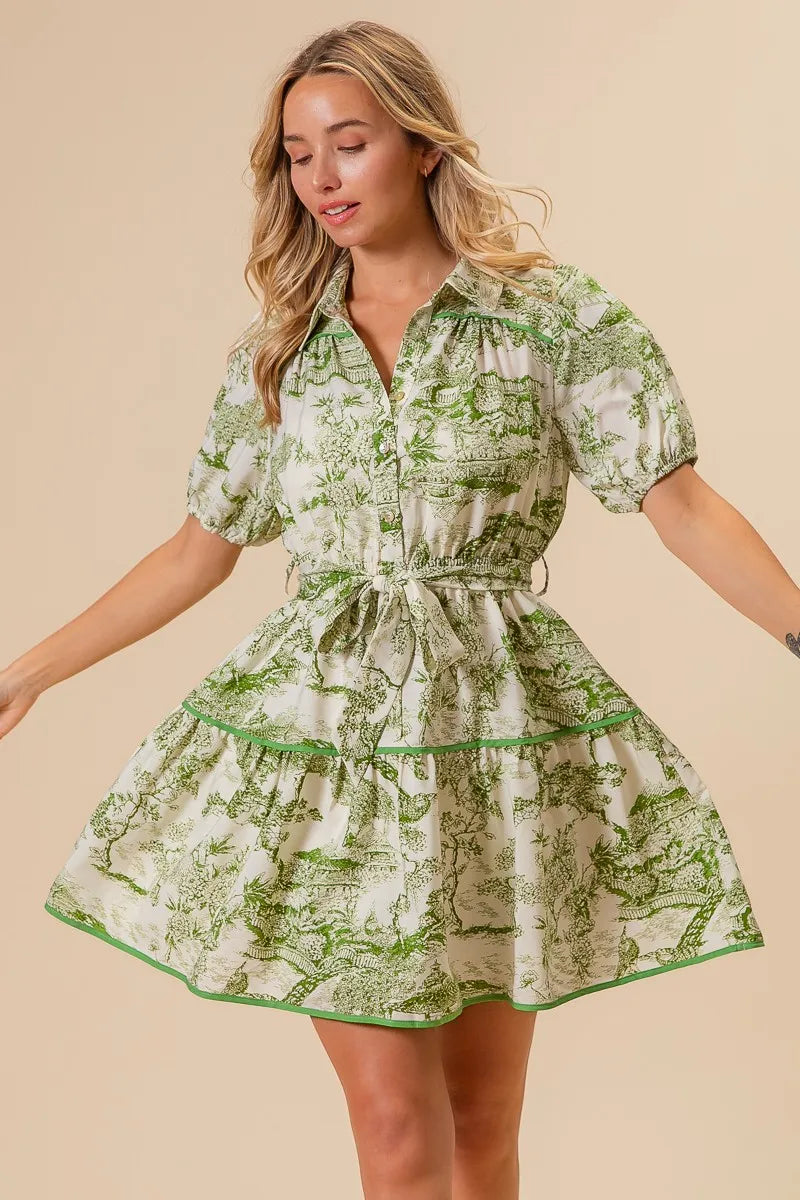 BiBi Mini Shirt Dress Floral Green Printed Tiered Belted Short Sleeve b83f2401c558419aa64fafa41803a4a2-Max-Origin Trendsi