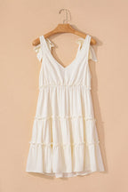 Mini Dress Beige Solid Color Bow Tied Straps Ruffle Tiered Frill b846a1c4-5f40-41a3-9863-0845c5d23cfb-Max-Origin Trendsi