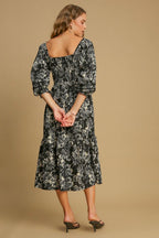 Umgee USA Dress Floral Black Smocked Ruffle V-Neck Knee Length 3/4 Sleeve b8493d15-c323-49a7-9e97-ae2aedc95aab-Max Trendsi