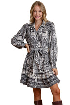 Umgee Mini Dress Black Floral Border Print Tie Waist Long Sleeve Belted Black b84f5de4-e715-41de-a95e-ffcdde235c0a-Max Trendsi