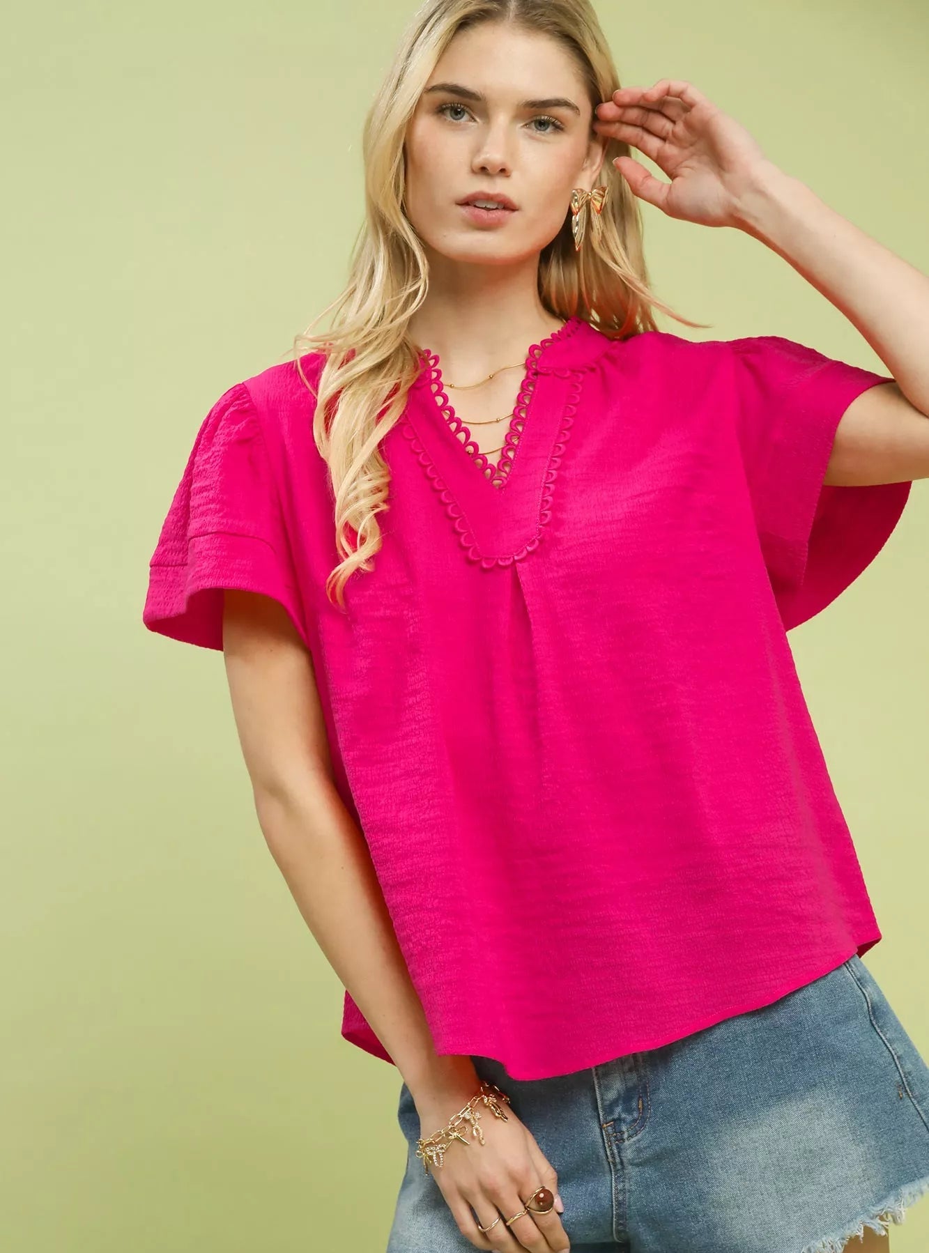 Umgee Seersucker Short Sleeve Top with Lace Trim