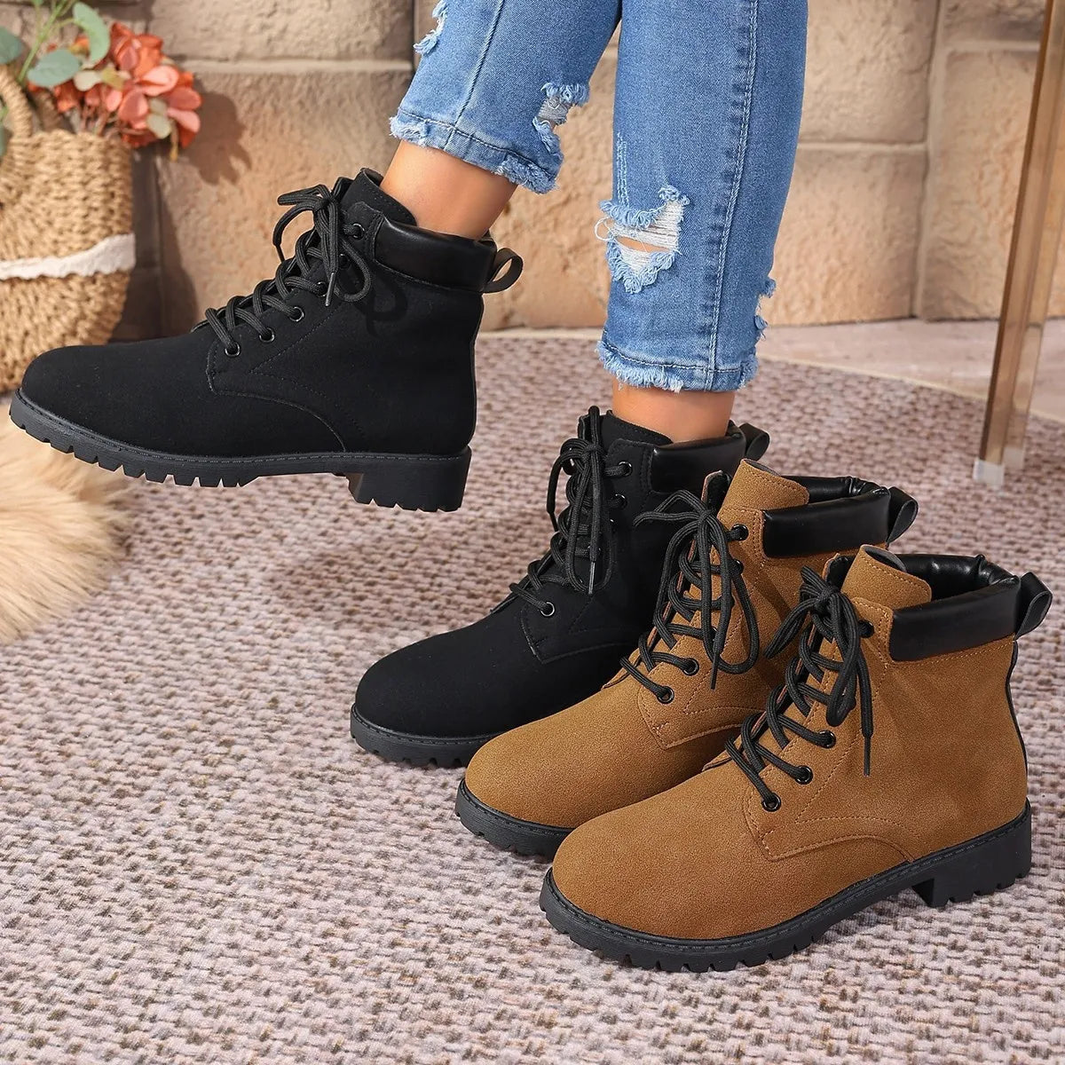 Women's Boots Suede Lace Up Block Low Heel Shoes b85db9ea4a5e45fe8e623a2acac345a1-Max-Origin Trendsi