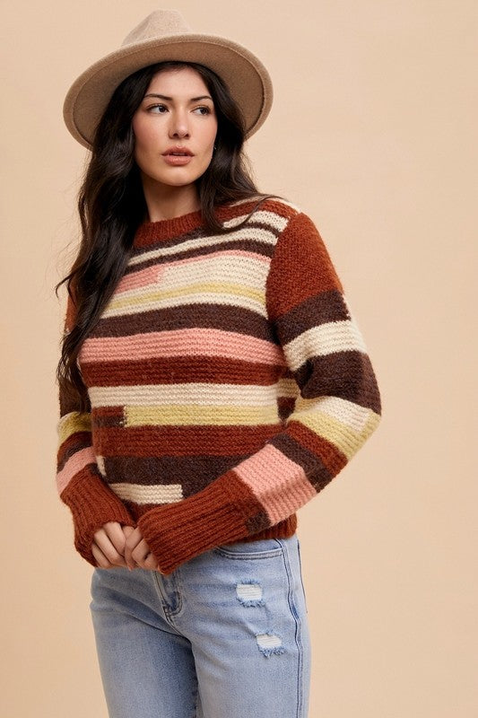 Annie Wear USA Sweater Chocolate Striped Color Block Long Sleeve b8645277-6323-4179-9989-23ccc608fab3-Max Trendsi