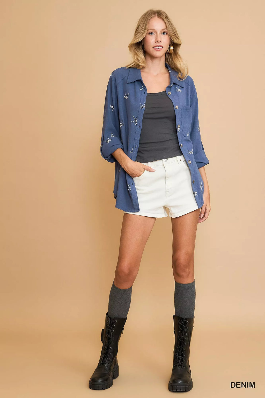 Umgee Shirt Linen Blend Fitted with Ribbon Embroidery Denim Blue Top b867041b-a3a0-4d86-8b18-627604a44baf-Max-Origin Trendsi