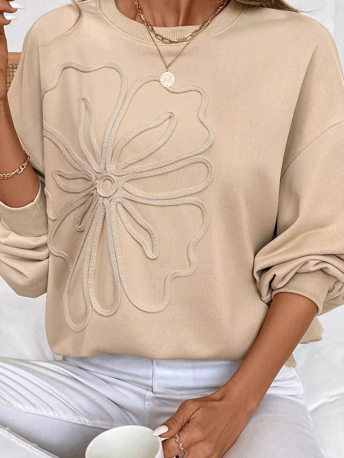 Women Sweatshirt Beige Embroidered Flower Pattern Long Sleeve Top Beige b875e7be547342208d254b095f2124a0-Max-Origin Trendsi