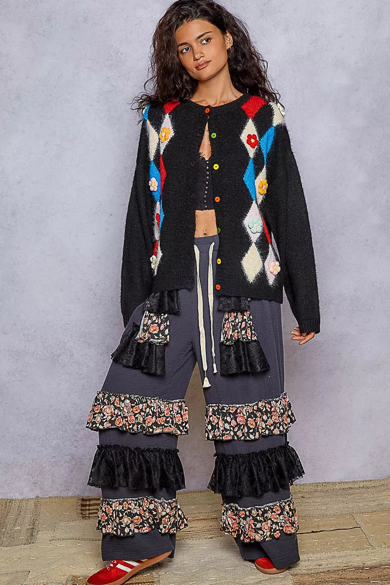 POL Womens Cardigan Black Diamond Pattern Round Neck Buttoned Sweater b879d143-a578-41b5-a486-428c8dcfc0bf-Max-Origin Trendsi