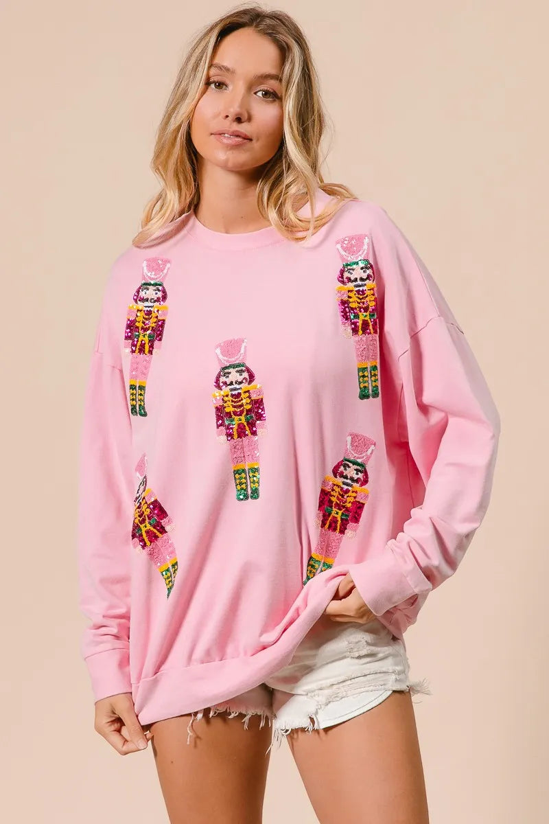 BiBi Sequin Nutcrackers Embroidery Christmas Sweatshirt LT PINK b87b81feabad49d4a293ff9e42791488-Max-Origin Trendsi