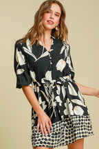 Umgee Mini Dress Black Floral Print Notched Tie Waist Belted Short Sleeve Black b87cad54-3ef3-4e11-9afb-33aacee7b915-Max Trendsi