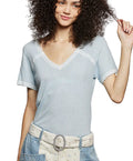 POL Lace Detail V-Neck Short Sleeve Textured T-Shirt