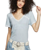POL Lace Detail V-Neck Short Sleeve Textured T-Shirt