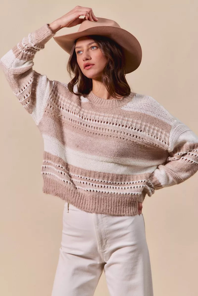 SO ME Womens Sweater Taupe Variegated Stripe Openwor Textured Loose Fit b88665893b0847d4bef5a8dec59e8815-Max-Origin Trendsi